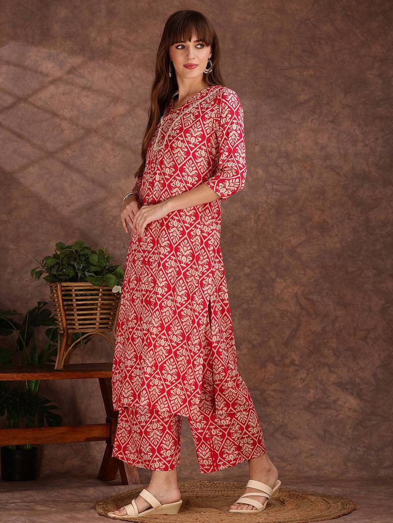 Pink rayon floral printed ethnic kurta palazzo set
