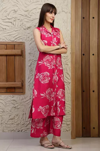 Pink silk blend floral printed ethnic kurta palazzo set