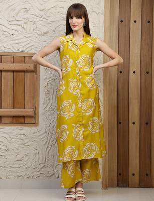 Mustard silk blend floral printed ethnic kurta palazzo set 1
