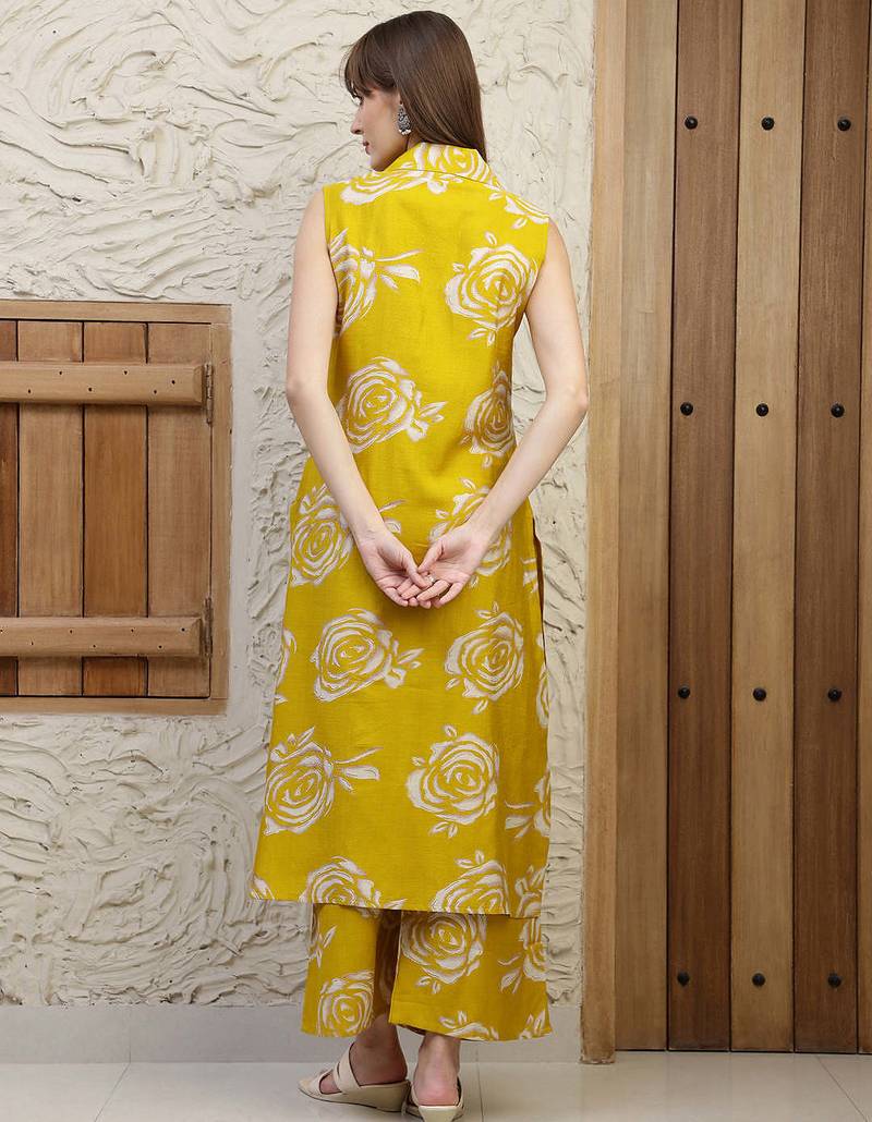 Mustard silk blend floral printed ethnic kurta palazzo set