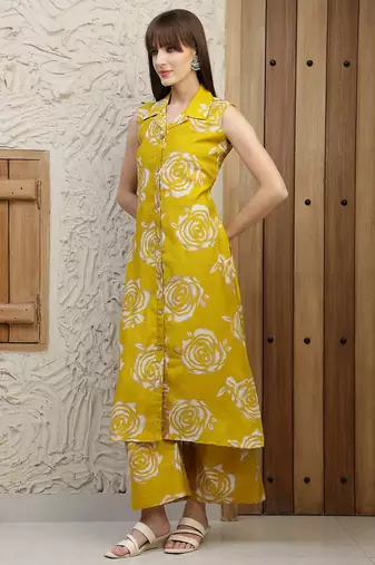Mustard silk blend floral printed ethnic kurta palazzo set