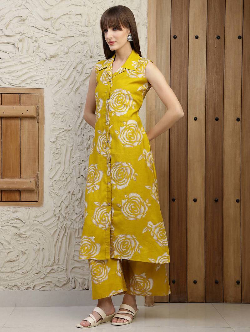 Mustard silk blend floral printed ethnic kurta palazzo set