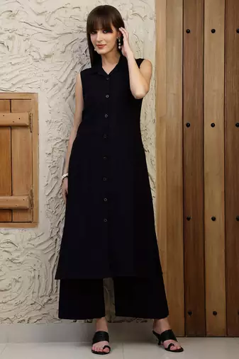 Black silk blend plain ethnic kurta palazzo set