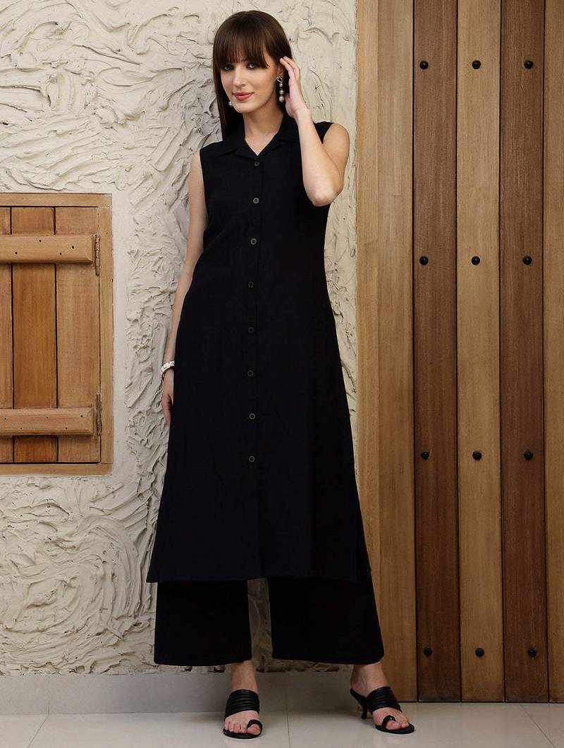 Black silk blend plain ethnic kurta palazzo set
