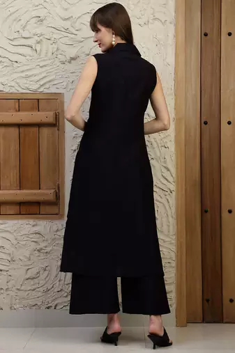 Black silk blend plain ethnic kurta palazzo set