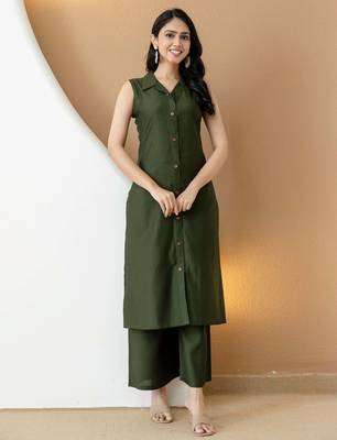 Olive silk blend plain ethnic kurta palazzo set 1
