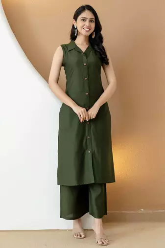 Olive silk blend plain ethnic kurta palazzo set