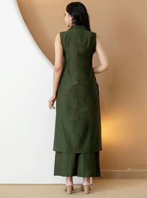 Olive silk blend plain ethnic kurta palazzo set 3