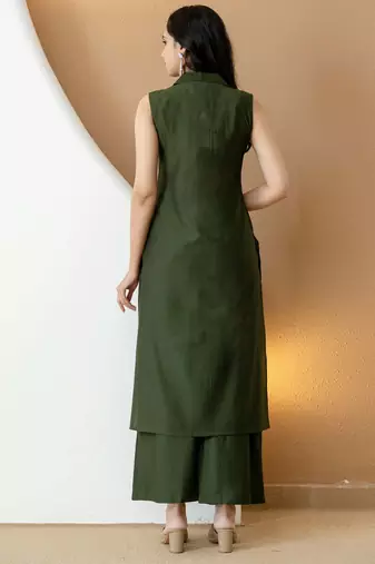Olive silk blend plain ethnic kurta palazzo set