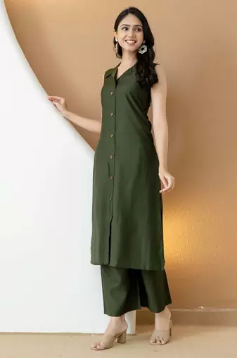 Olive silk blend plain ethnic kurta palazzo set