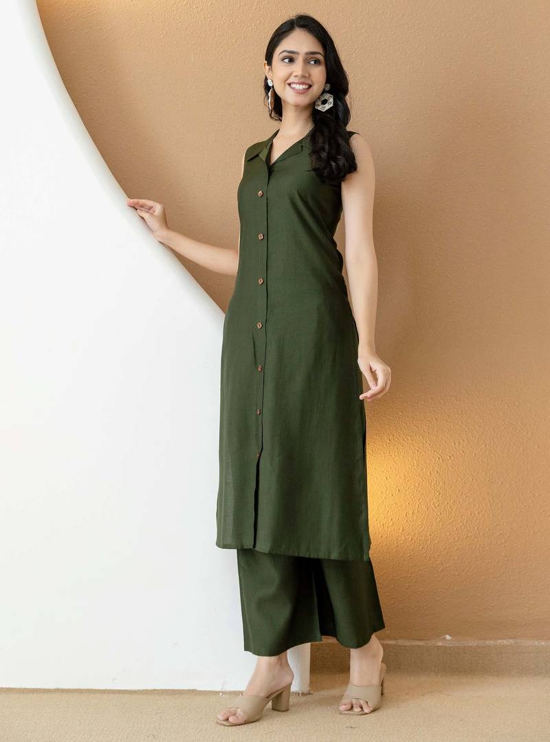 Olive silk blend plain ethnic kurta palazzo set