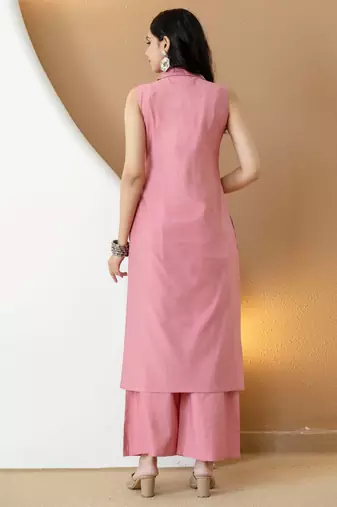 Pink silk blend plain ethnic kurta palazzo set