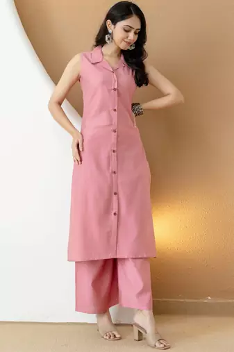 Pink silk blend plain ethnic kurta palazzo set