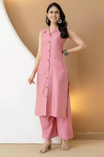 Pink silk blend plain ethnic kurta palazzo set