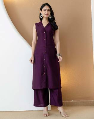 Purple silk blend plain ethnic kurta palazzo set 1