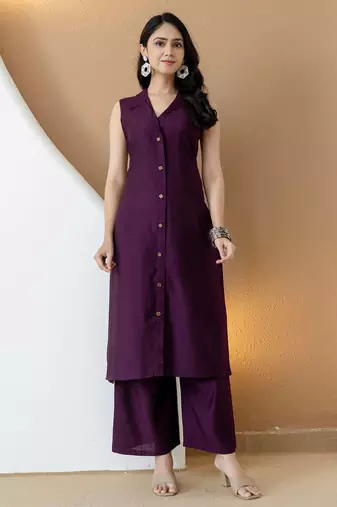 Purple silk blend plain ethnic kurta palazzo set