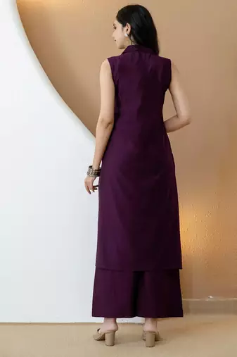 Purple silk blend plain ethnic kurta palazzo set