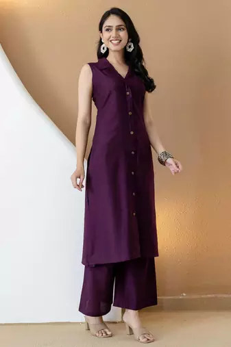 Purple silk blend plain ethnic kurta palazzo set