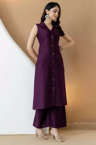 Purple silk blend plain ethnic kurta palazzo set