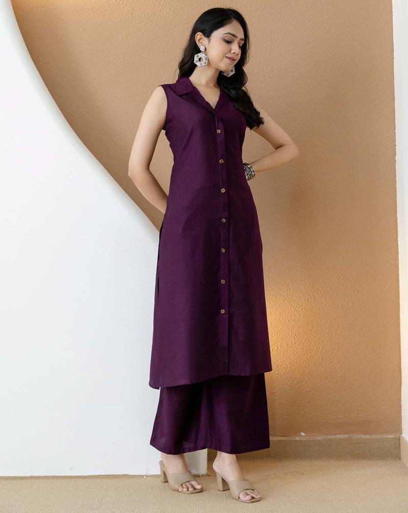 Purple silk blend plain ethnic kurta palazzo set
