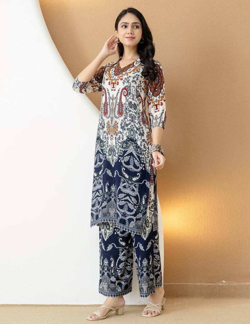 Multicolor rayon floral print ethnic kurta palazzo set