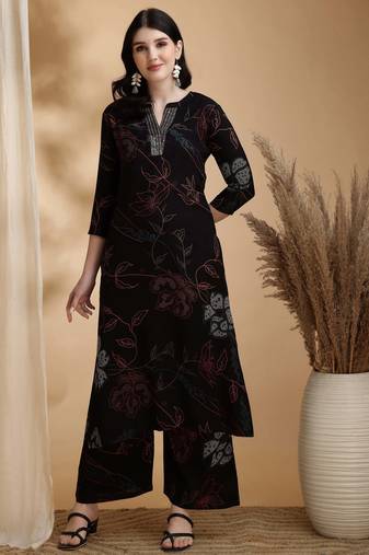 Black rayon floral print ethnic kurta palazzo set