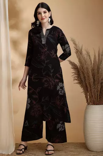 Black rayon floral print ethnic kurta palazzo set