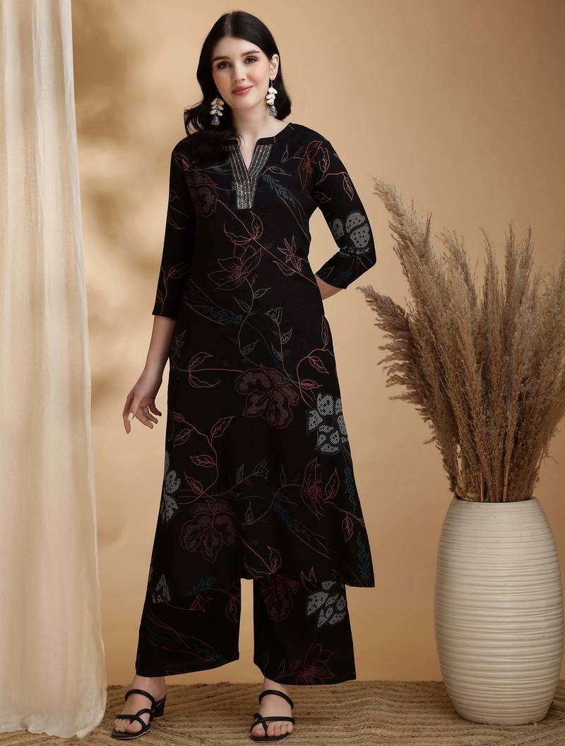 Black rayon floral print ethnic kurta palazzo set