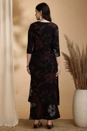 Black rayon floral print ethnic kurta palazzo set