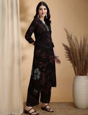 Black rayon floral print ethnic kurta palazzo set 4