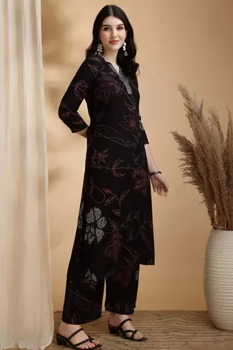 Black rayon floral print ethnic kurta palazzo set