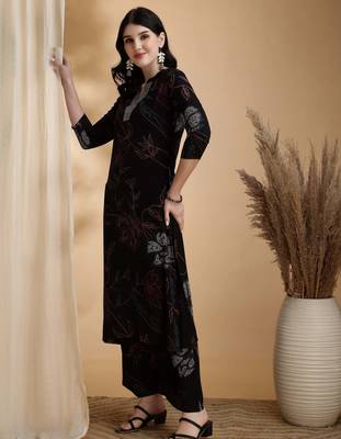 Black rayon floral print ethnic kurta palazzo set 5