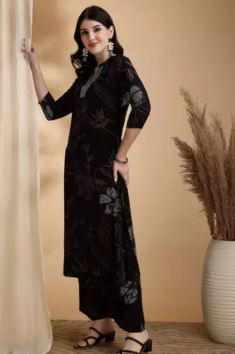 Black rayon floral print ethnic kurta palazzo set