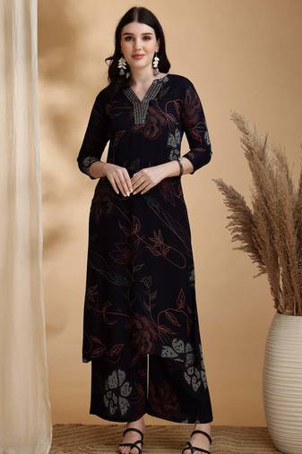 Navy-blue rayon floral print ethnic kurta palazzo set