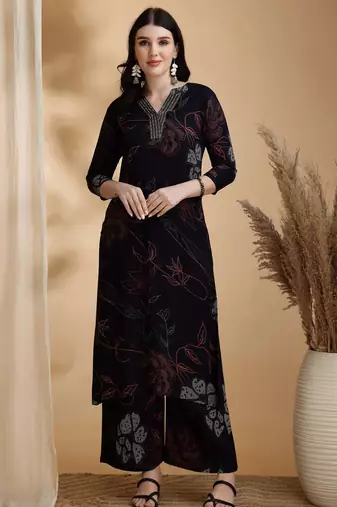 Navy-blue rayon floral print ethnic kurta palazzo set