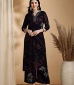 Navy-blue rayon floral print ethnic kurta palazzo set