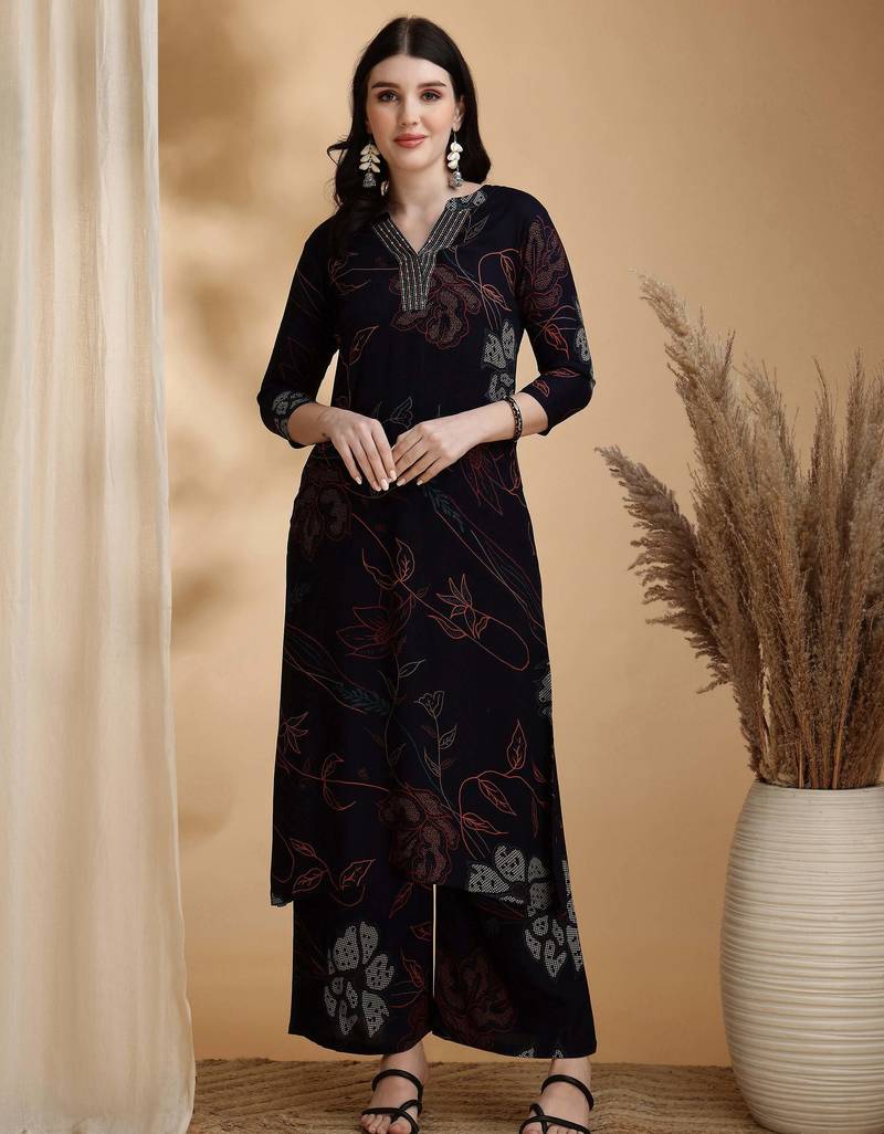 Navy-blue rayon floral print ethnic kurta palazzo set