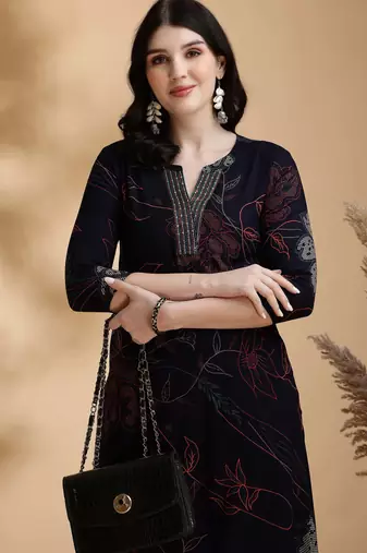 Navy-blue rayon floral print ethnic kurta palazzo set