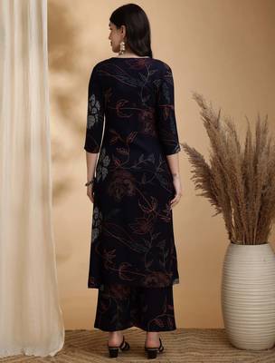 Navy-blue rayon floral print ethnic kurta palazzo set 3