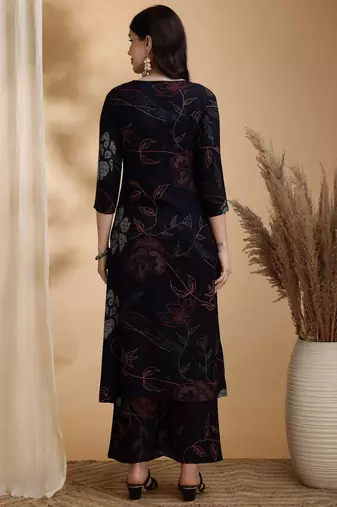 Navy-blue rayon floral print ethnic kurta palazzo set