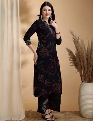 Navy-blue rayon floral print ethnic kurta palazzo set 4
