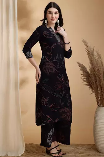 Navy-blue rayon floral print ethnic kurta palazzo set