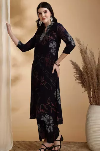Navy-blue rayon floral print ethnic kurta palazzo set