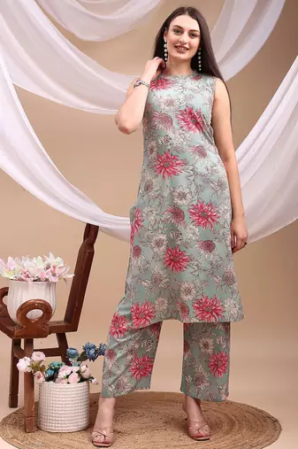 Turquoise rayon floral print ethnic kurta palazzo set