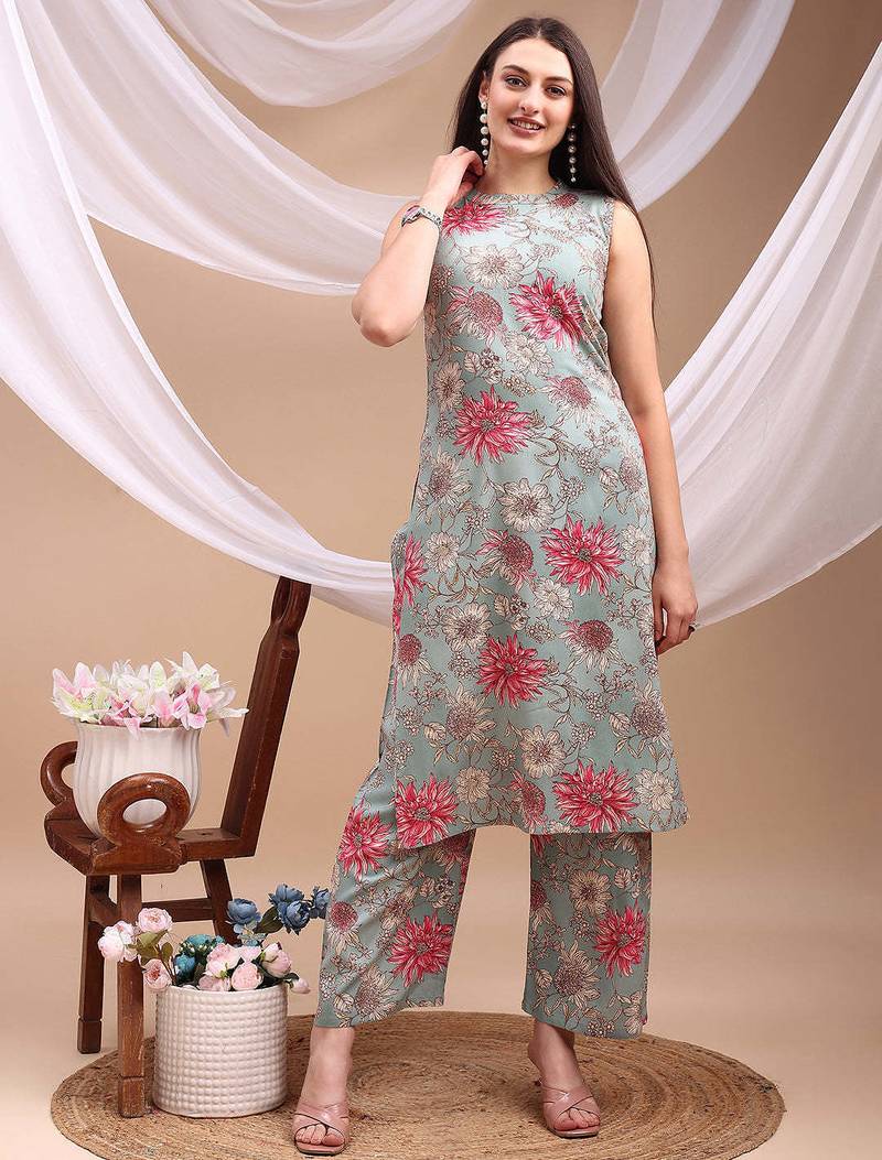 Turquoise rayon floral print ethnic kurta palazzo set