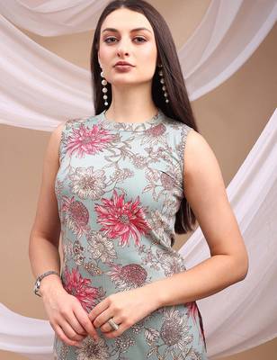 Turquoise rayon floral print ethnic kurta palazzo set 2