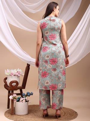 Turquoise rayon floral print ethnic kurta palazzo set 3