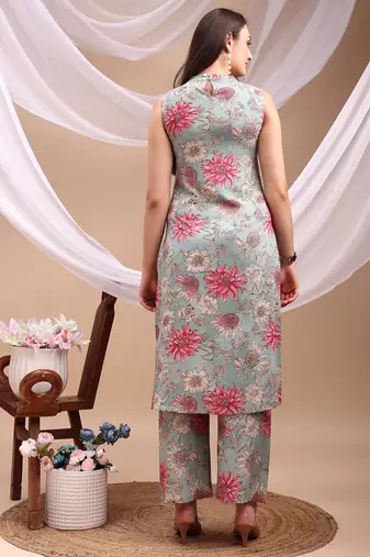 Turquoise rayon floral print ethnic kurta palazzo set