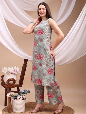 Turquoise rayon floral print ethnic kurta palazzo set 4