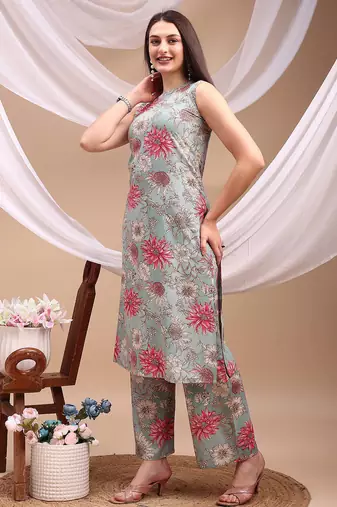Turquoise rayon floral print ethnic kurta palazzo set